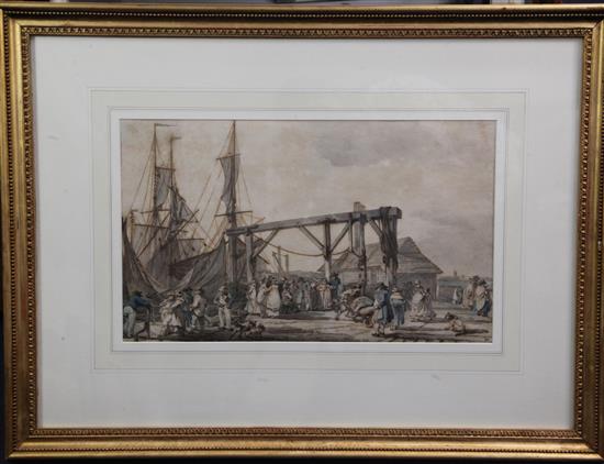 Philip James de Loutherbourg (1740-1812) Margate Jetty, arrival of The Hough 11 x 18.75in.